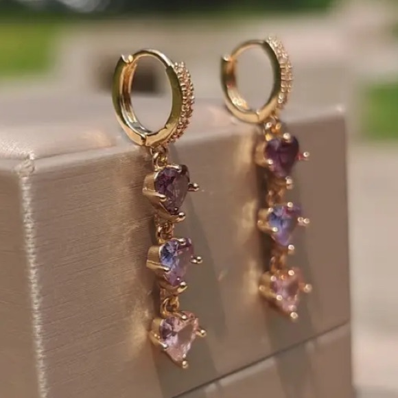 Purple Amethyst Lavender & Pink Topaz Heart Diamond Gold Toned Earrings - Picture 4 of 4